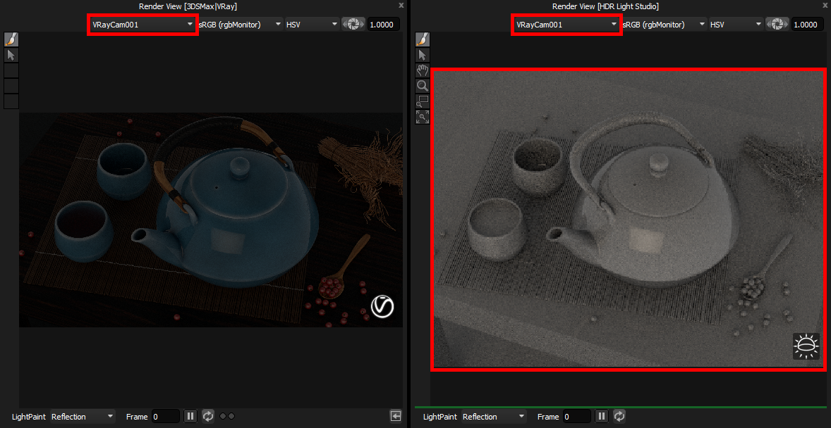 Figure 19: 3ds Max|VRay render view (left) and HDR Light Studio render view (right) side by side