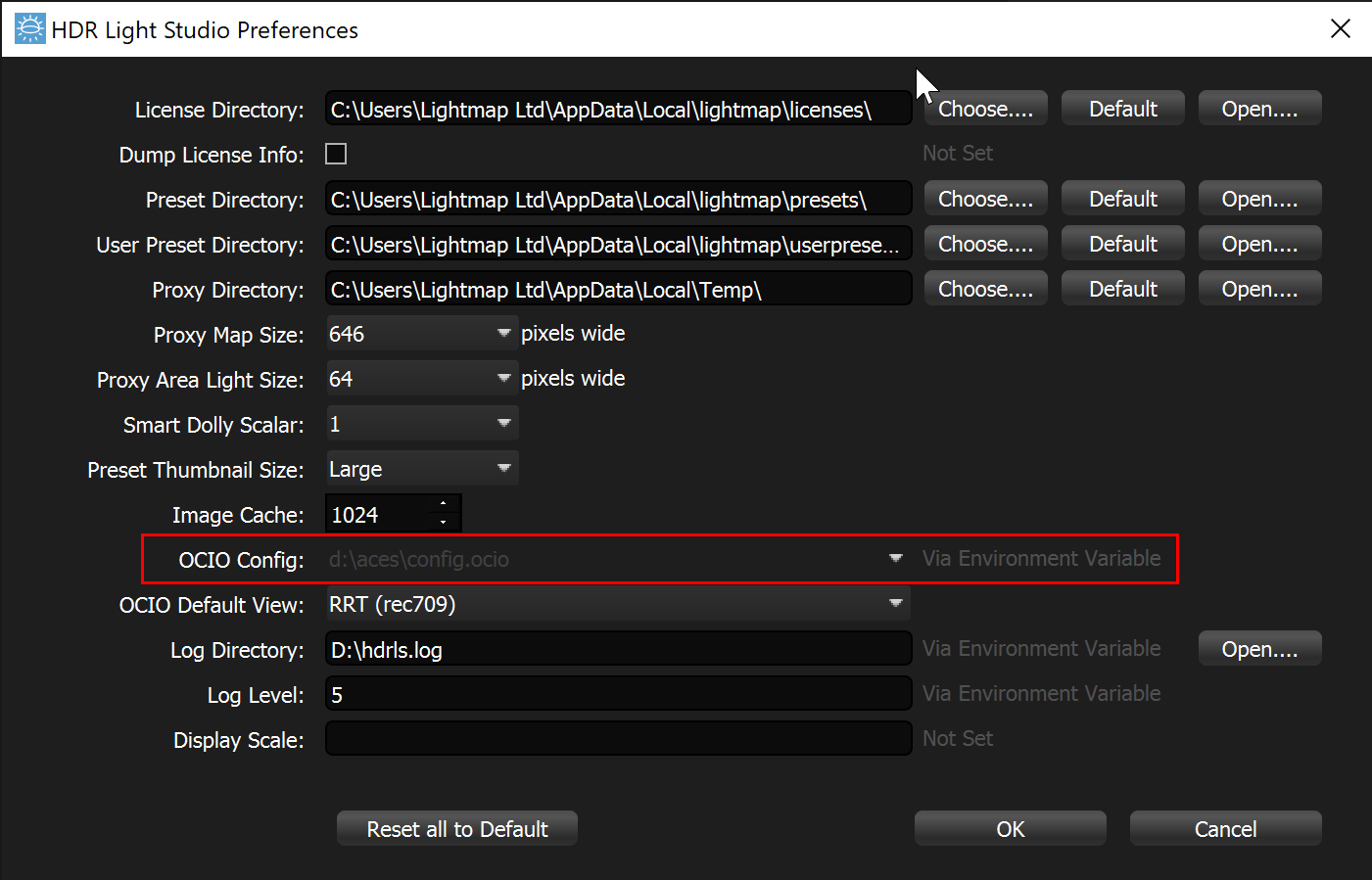 Panel shows that OCIO Config is set with Environment Variable