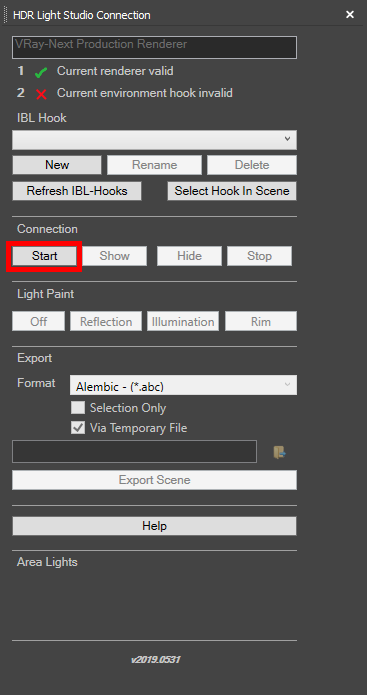 Figure 4: Starting HDR Light Studio Connection