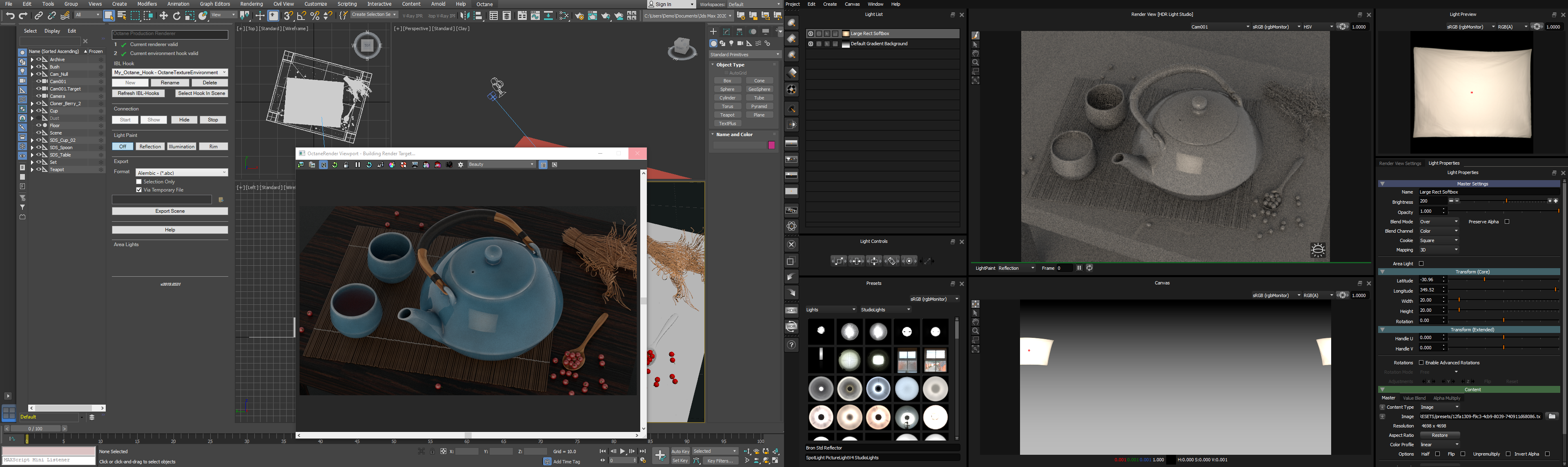 Figure 19: Octane Frame Buffer inside 3ds Max (left) running with HDR Light Studio (right)