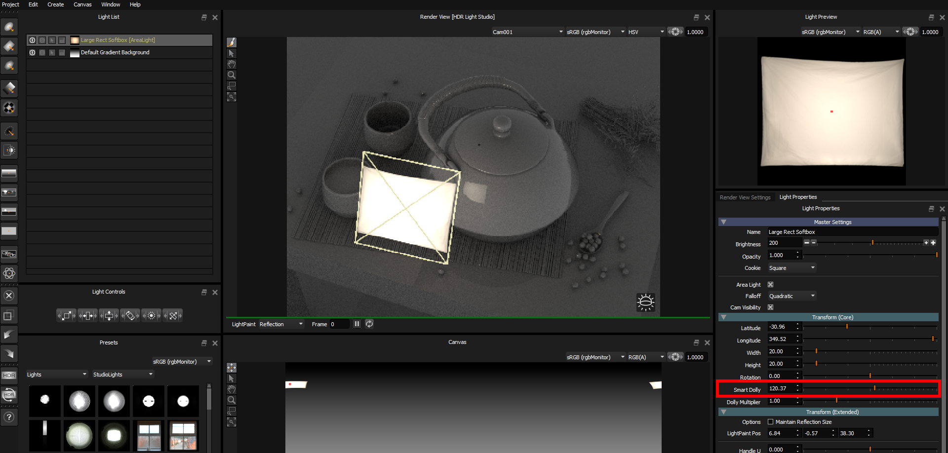 Figure 21: Moving the area light closer to the model (LightPaint position)