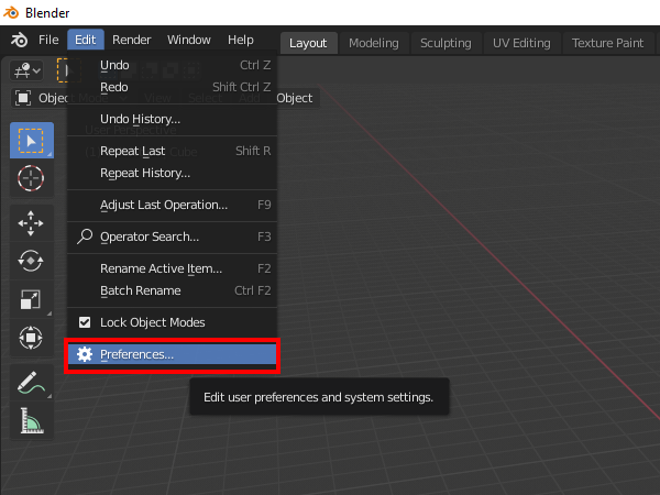 Figure 2: Opening Blender Preferences