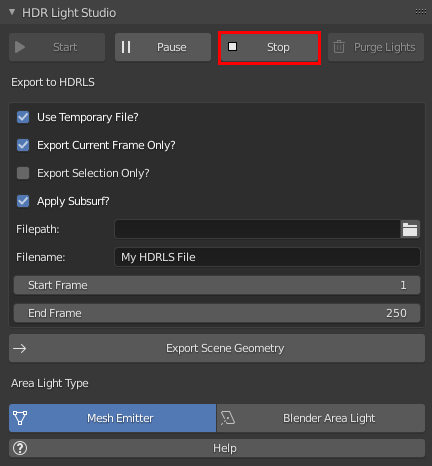 Figure 23: Stopping the HDR Light Studio connection