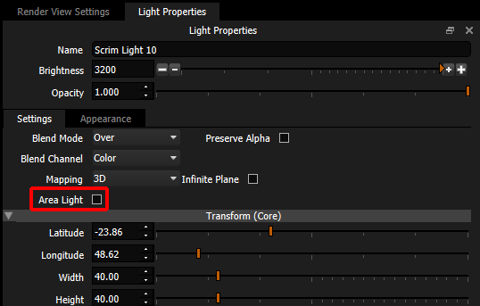 Figure 13: Area Light check box for light with 3D mapping