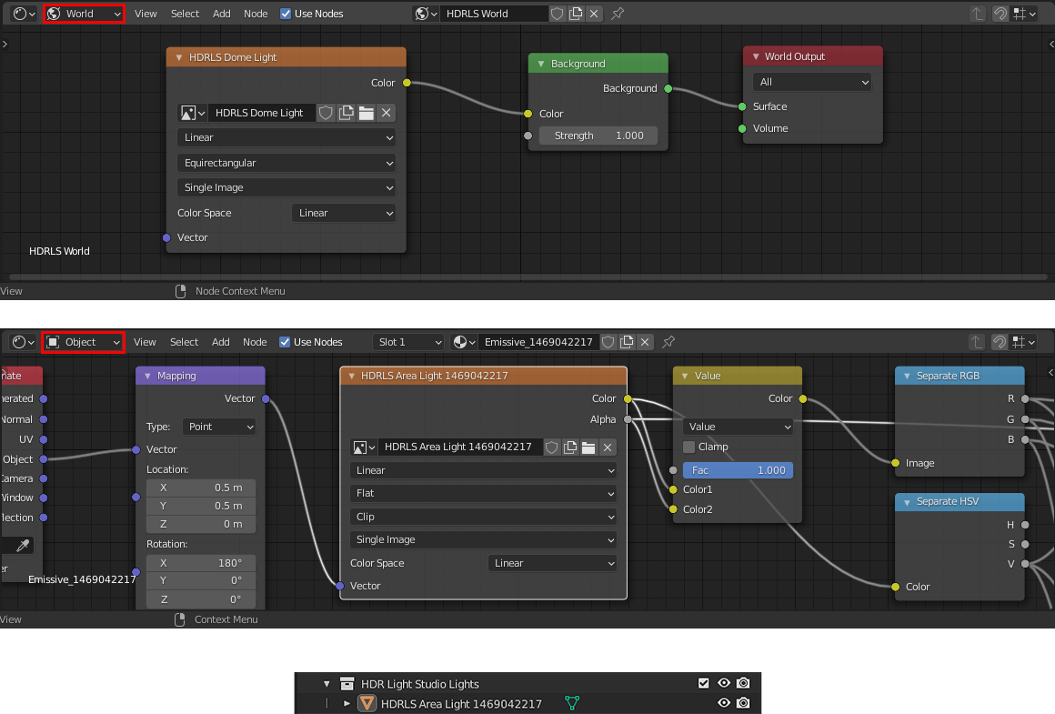 Example light setup created by HDR Light Studio for Cycles renderer, showing area lights created using Object Data and the environment using World Data.