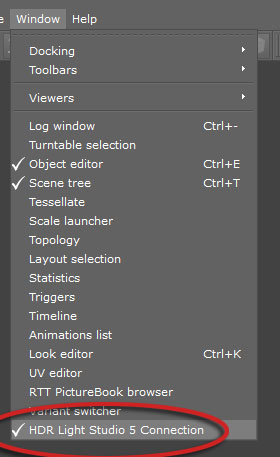 HDR Light Studio menu entry under the Windows menu 