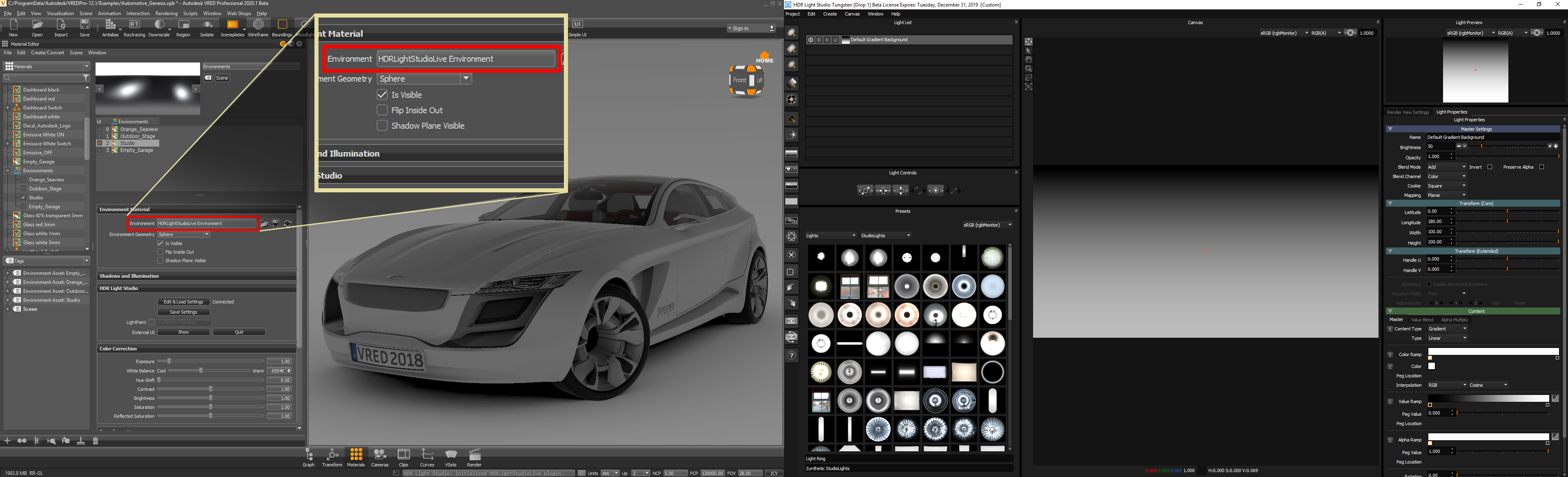 Figure 13: VRED (left) running with HDR Light Studio connection (right)