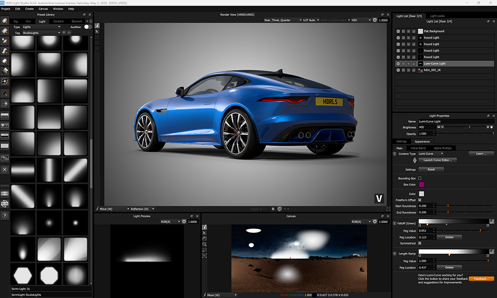 VRED viewport image streaming directly into the HDR Light Studio interface