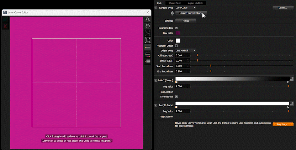 Lumi-Curve pop-up Lumi-Curve Editor panel and Light Properties