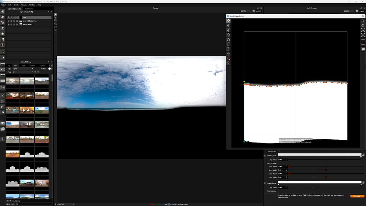 Use Lumi-Curve on a flat mapped light filling the canvas, use Over blend mode and zero brightness to add blackness to the lighting design.