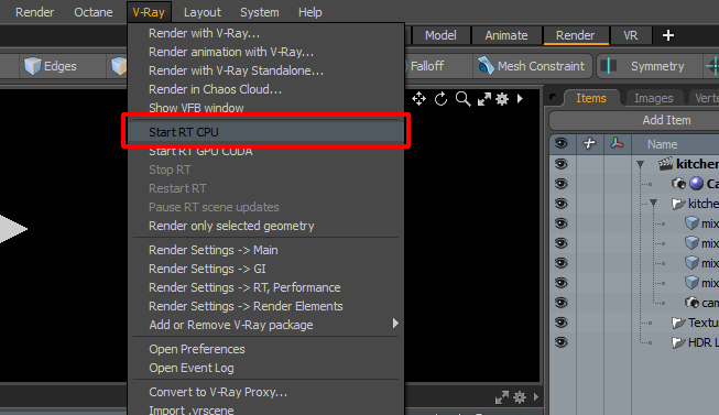 Figure 17: Starting V-Ray interactive rendering in MODO  