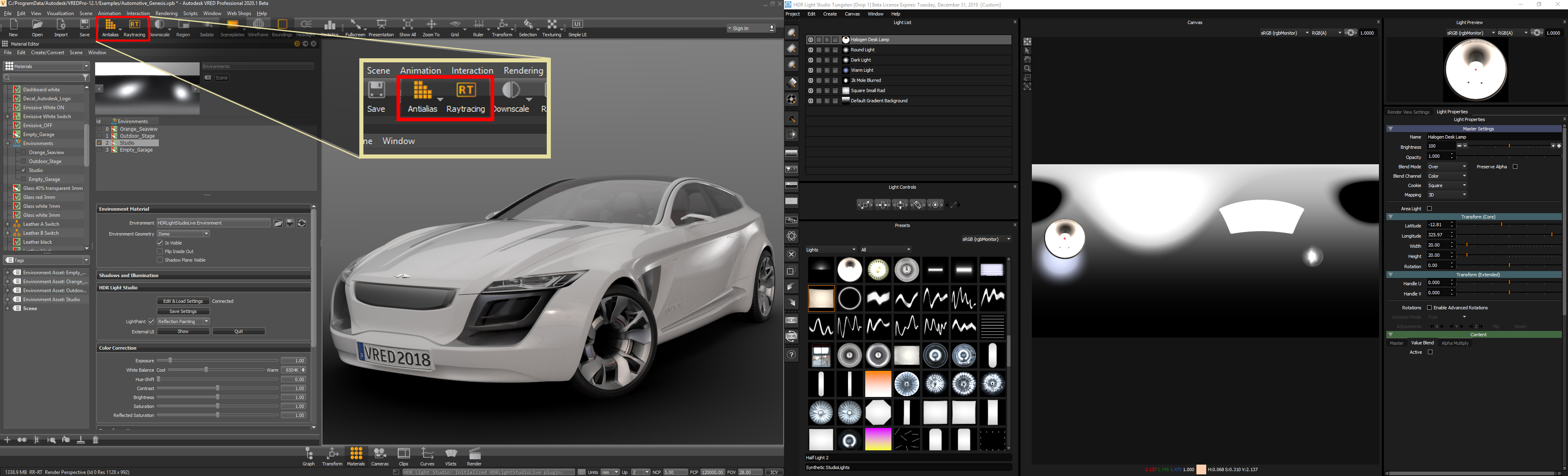 Figure 16: Raytracing enabled to preview a more accurate lighting design made in HDRI Light Studio