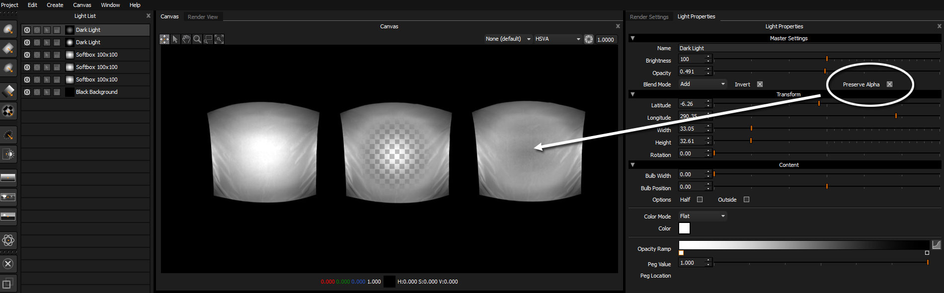 Using the Dark Light to remove light from the centre of the softbox. Without Preserve Alpha the light punches through to the transparency layer. 