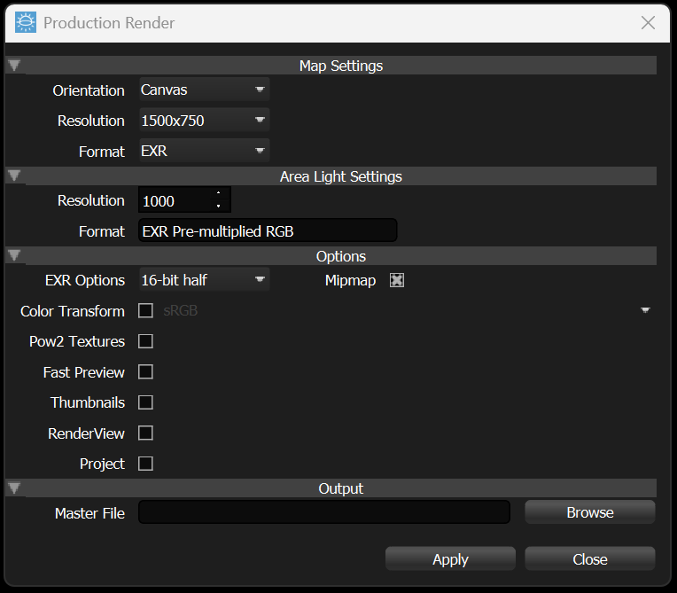Production Render dialog 