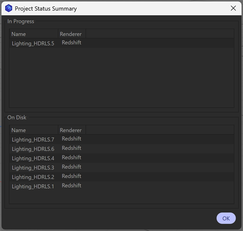 Only one lighting project, Lighting_HDRLS.5, is still 'In Progress'. The rest are final and 'On Disk'. Only one lighting project, Lighting_HDRLS.5, is still 'In Progress'. The rest are final and 'On Disk'.