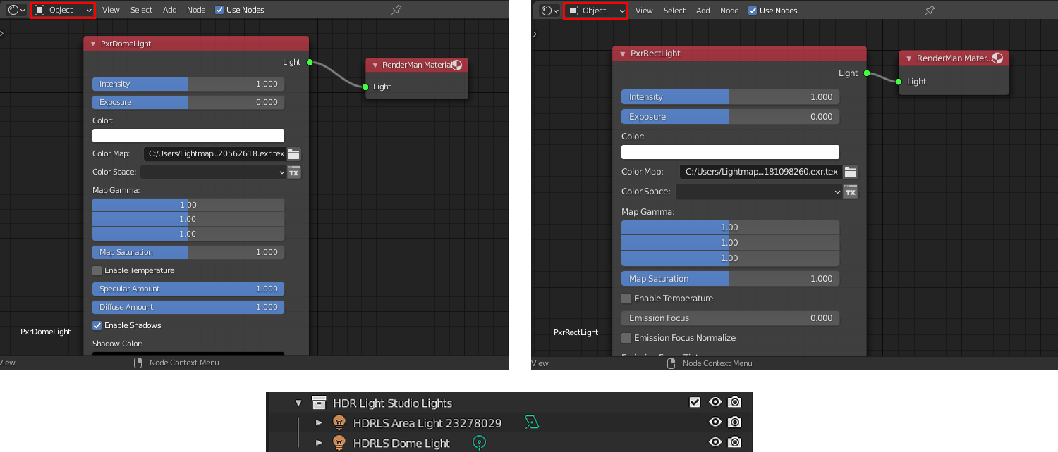 Example light setup created by HDR Light Studio for RenderMan renderer, showing both area lights and the environment/dome light created using Object Data.