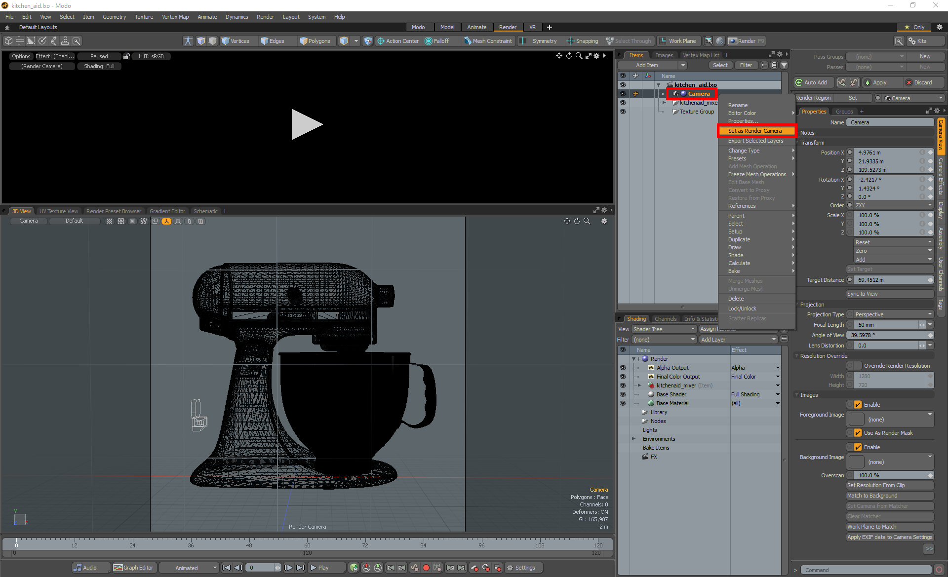 Figure 2: Setting a camera to be the Render Camera