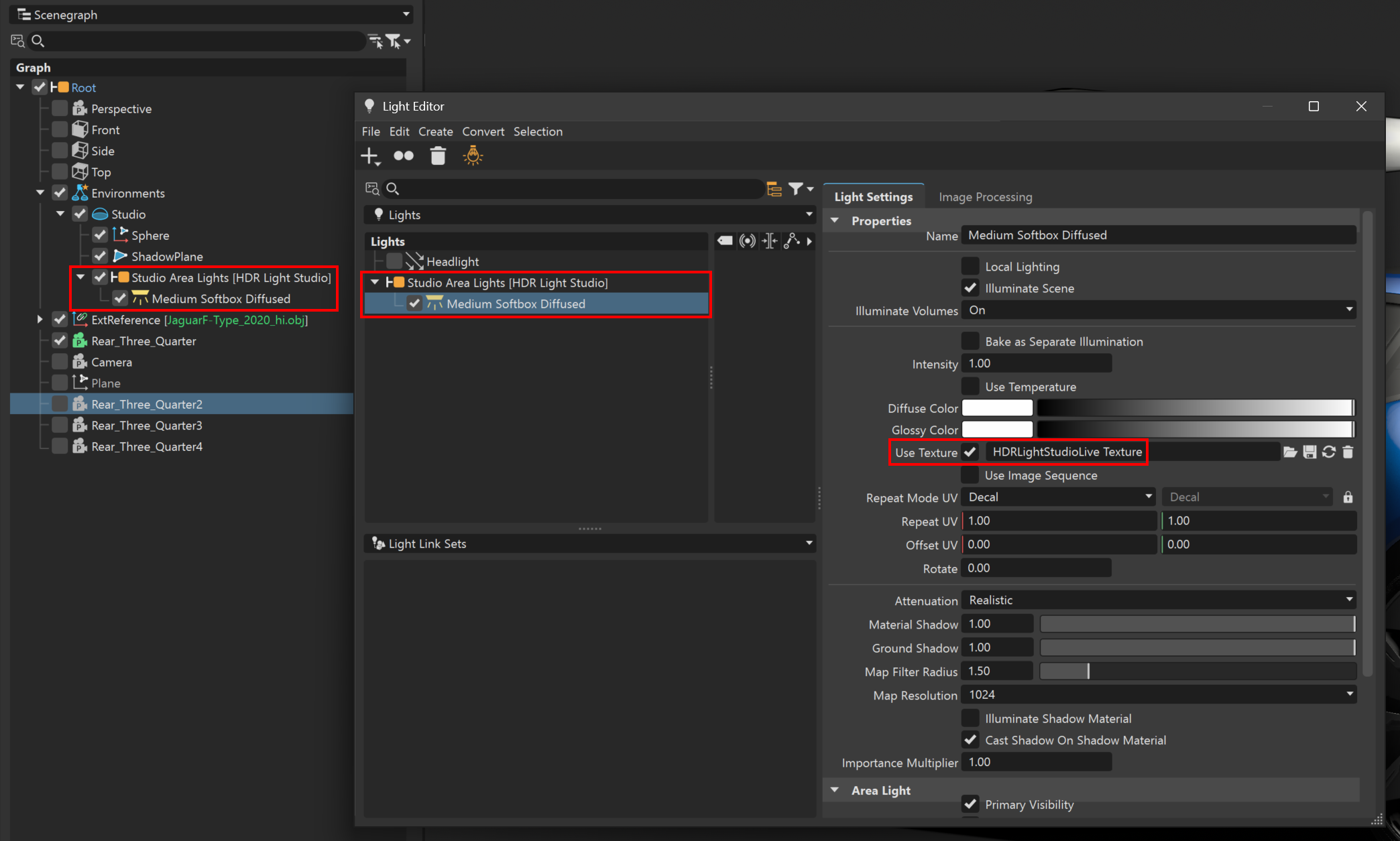 HDR Light Studio created area light seen in Scenegraph and Light Editor HDR Light Studio created area light seen in Scenegraph and Light Editor