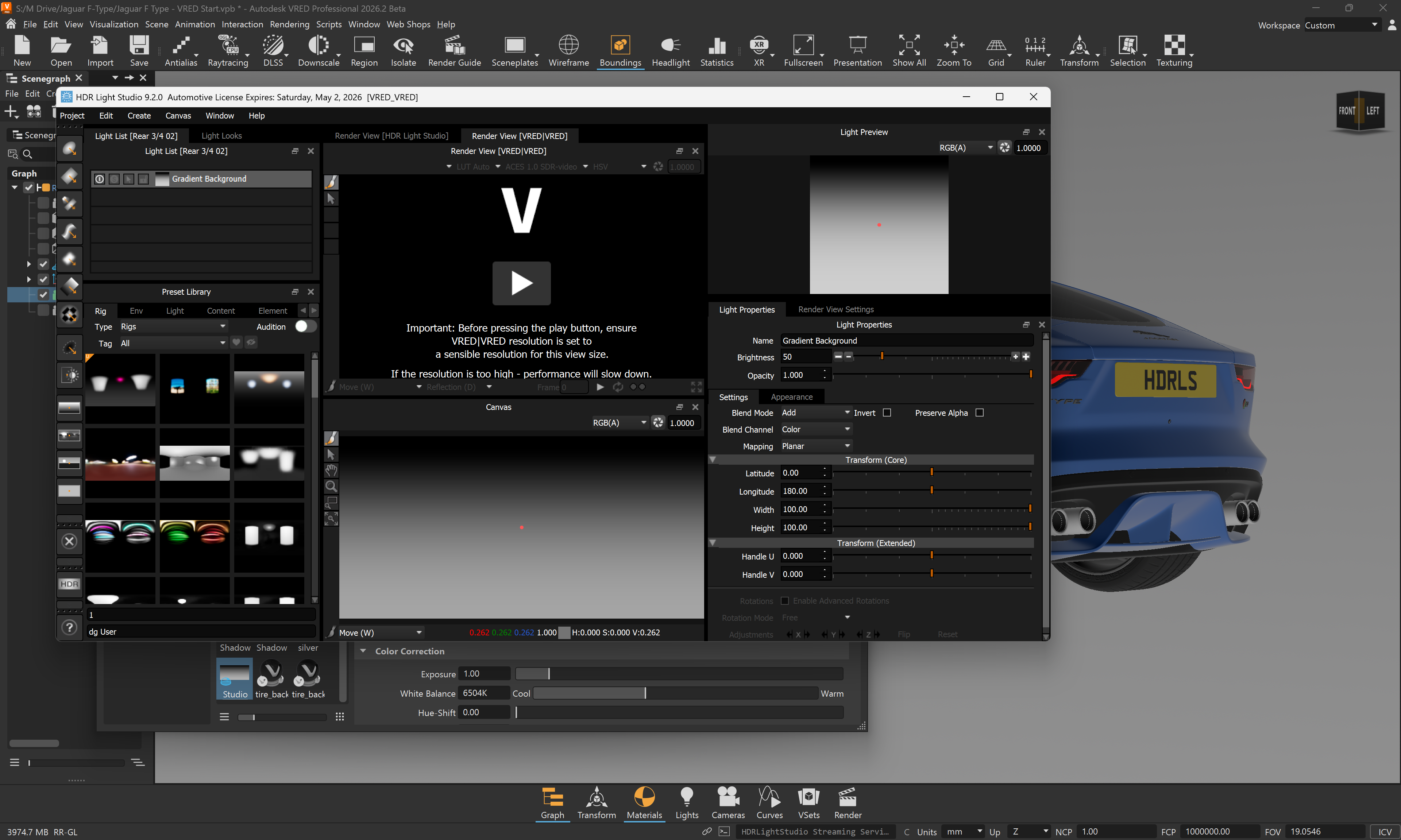 HDR Light Studio app has opened in connection with VRED