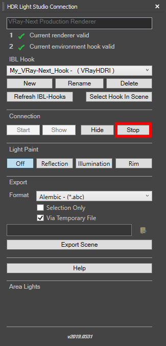 Figure 30: Stopping the HDR Light Studio connection