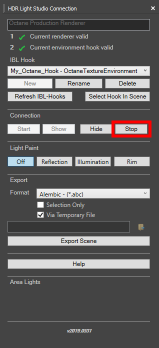 Figure 29: Stopping the HDR Light Studio connection