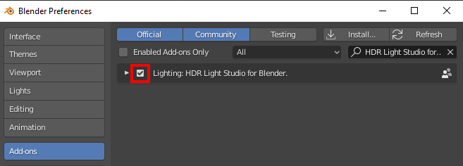Figure 5: Enabling the HDR Light Studio add-on for Blender