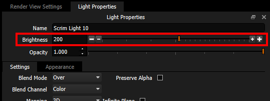 Figure 9: Adjusting the light Brightness in Light Properties