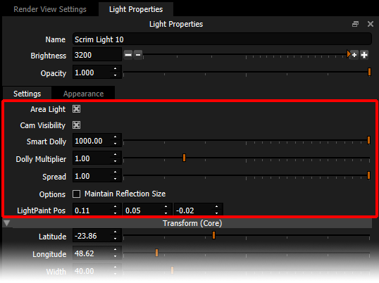 Figure 14: Area light check box ON, settings show for Area Light control