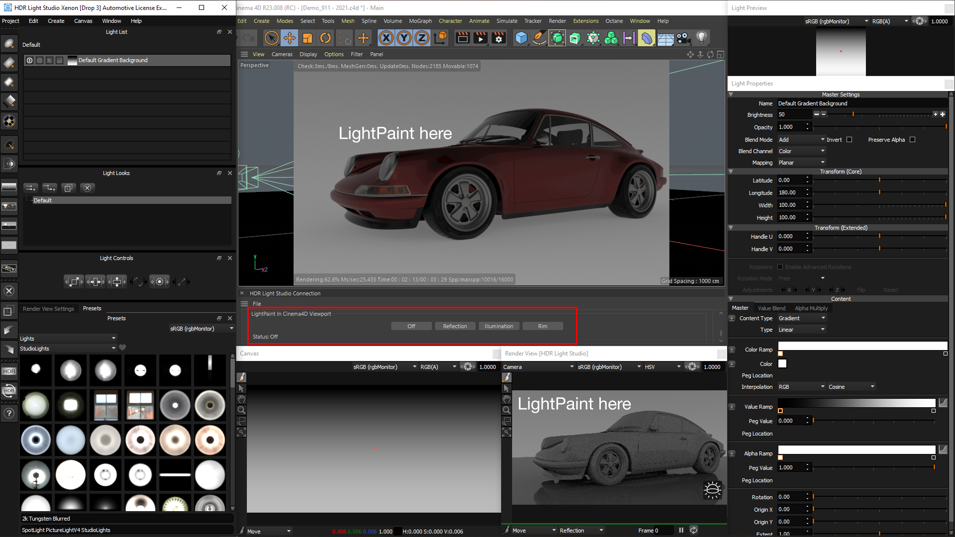 HDR Light Studio in front and arranged around the Cinema 4D viewport