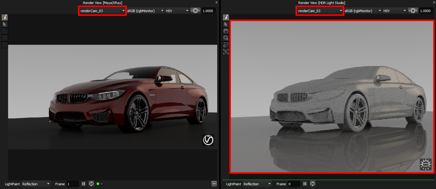Figure 18: Maya|VRay render view (left) and HDR Light Studio render view (right) side by side