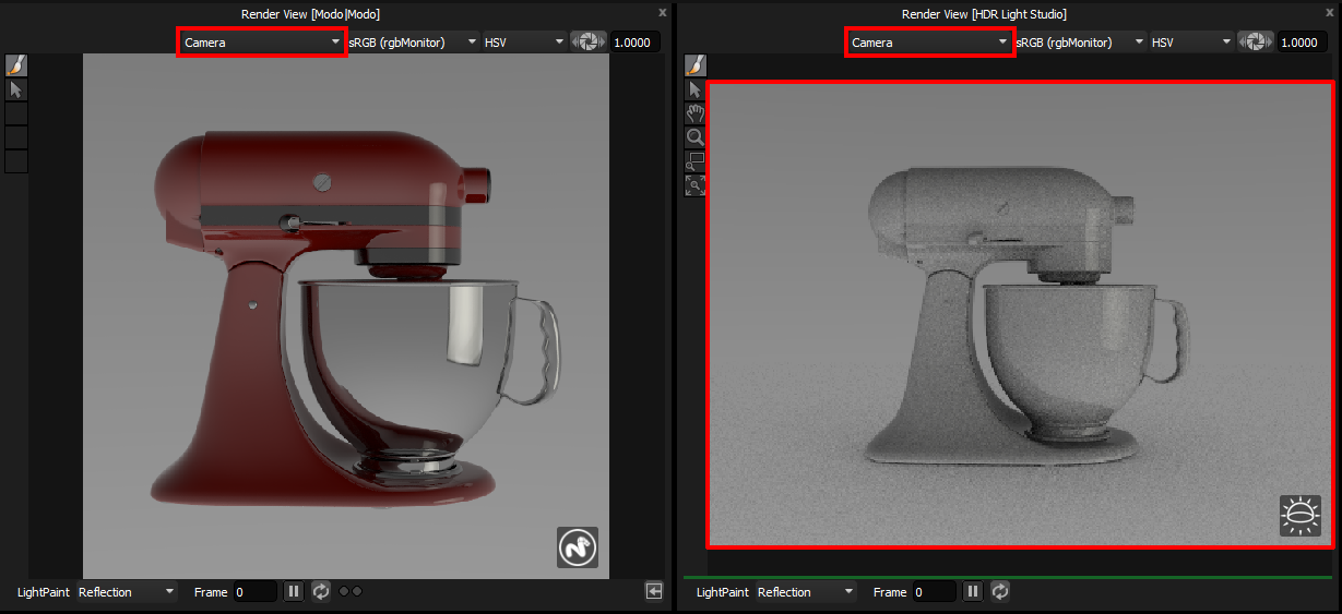 Figure 18: Modo render view (left) and HDR Light Studio render view (right) side by side