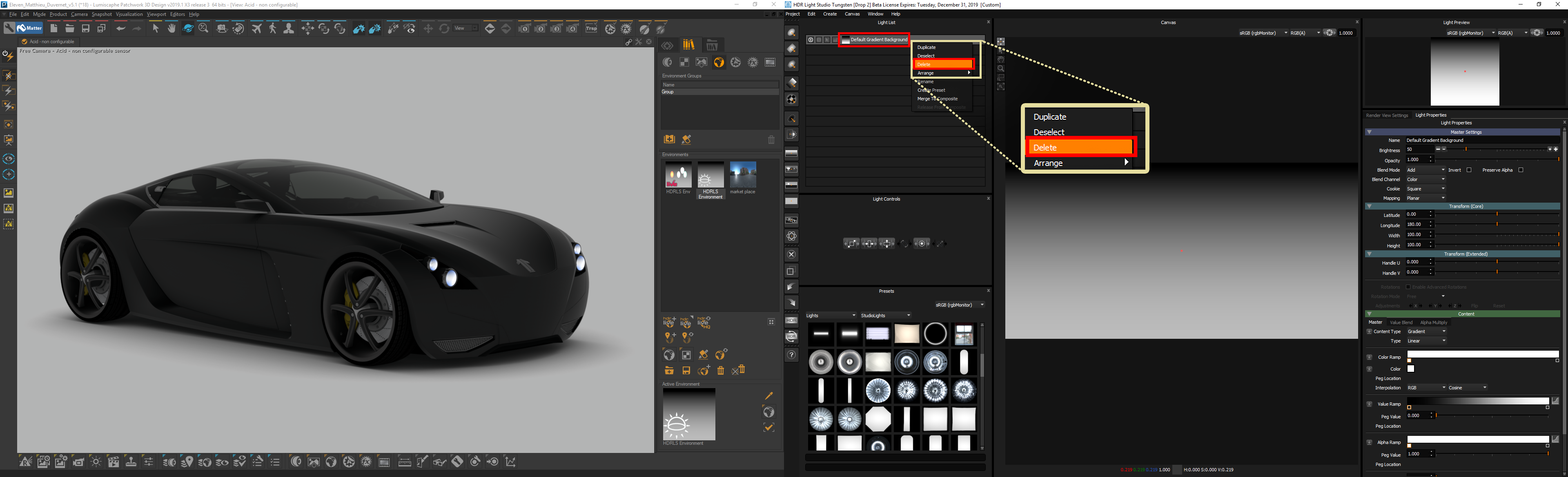 Figure 2: Deleting the default gradient background in HDR Light Studio