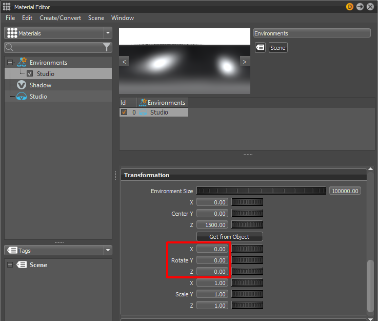 Figure 10b: X,Y,Z Rotations in the Transformation settings for the Environment are all set to 0,0,0