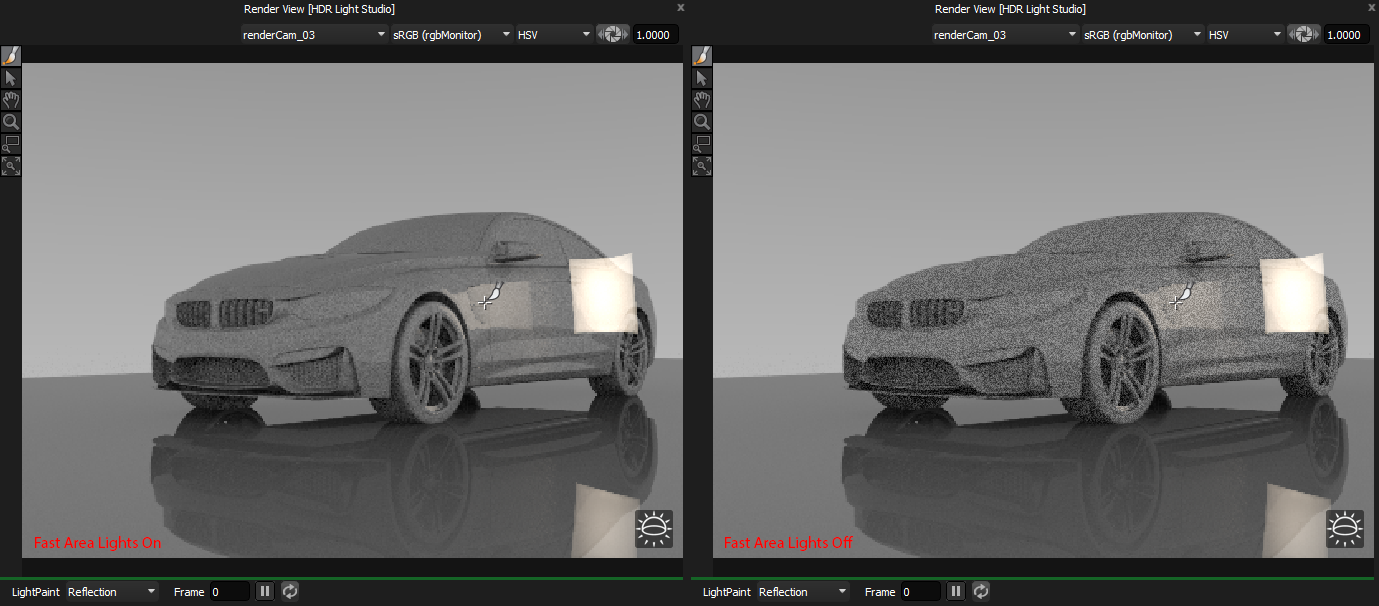 Figure 27: Painting area lights with Area Light Setting On (left) and Off (right)