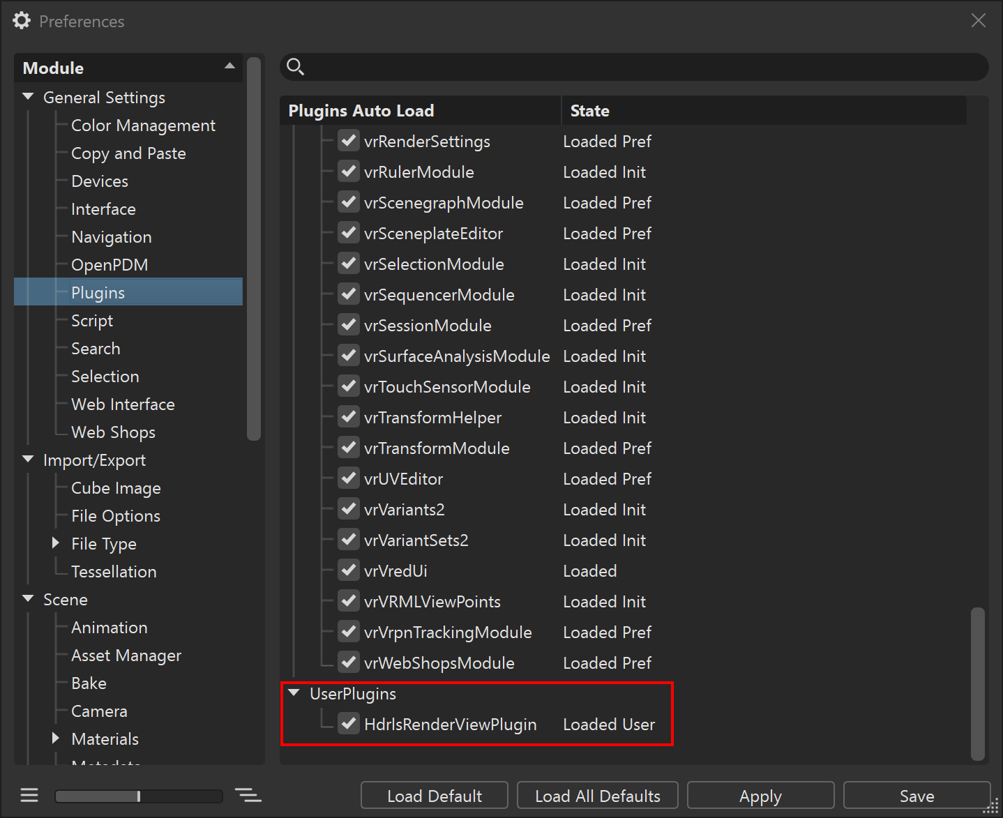 VRED Plugin DLL loaded in Preferences