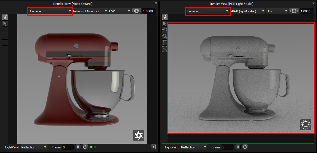 Figure 19: Octane render view (left) and HDR Light Studio render view (right) side by side