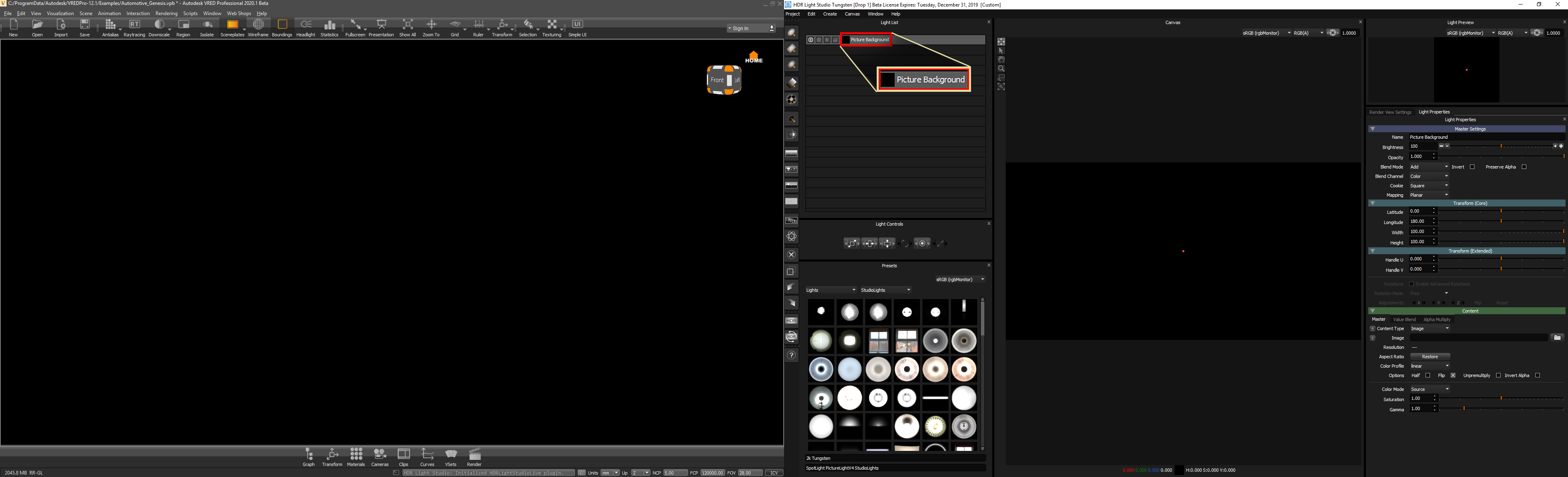 Figure 4: Picture background light is created and visible from the Light List in HDR Light Studio
