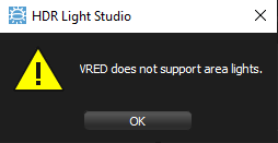 Figure 19: Error message when creating area lights in HDR Light Studio